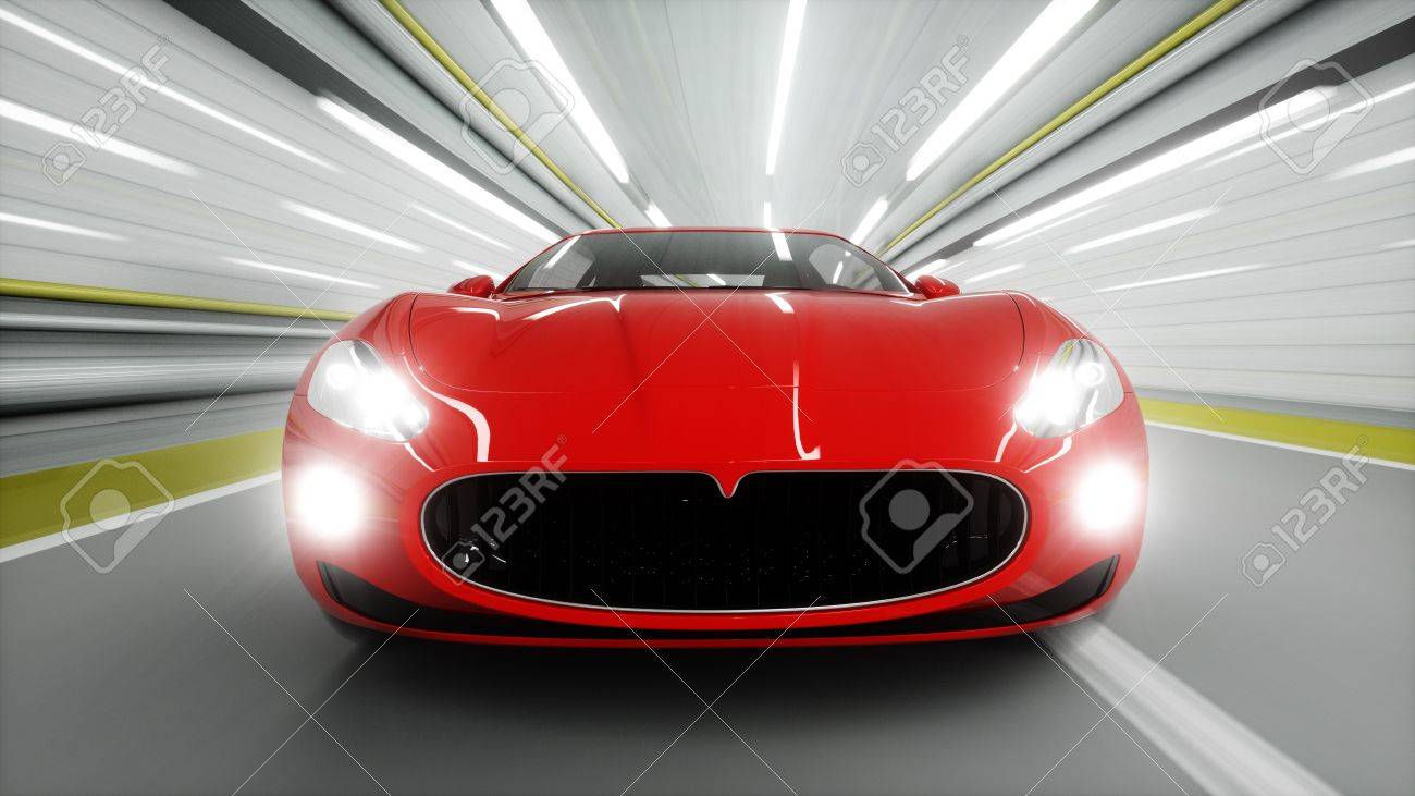 トンネル内の赤いスポーツカー 高速運転 油の概念 3 D レンダリング の写真素材 画像素材 Image