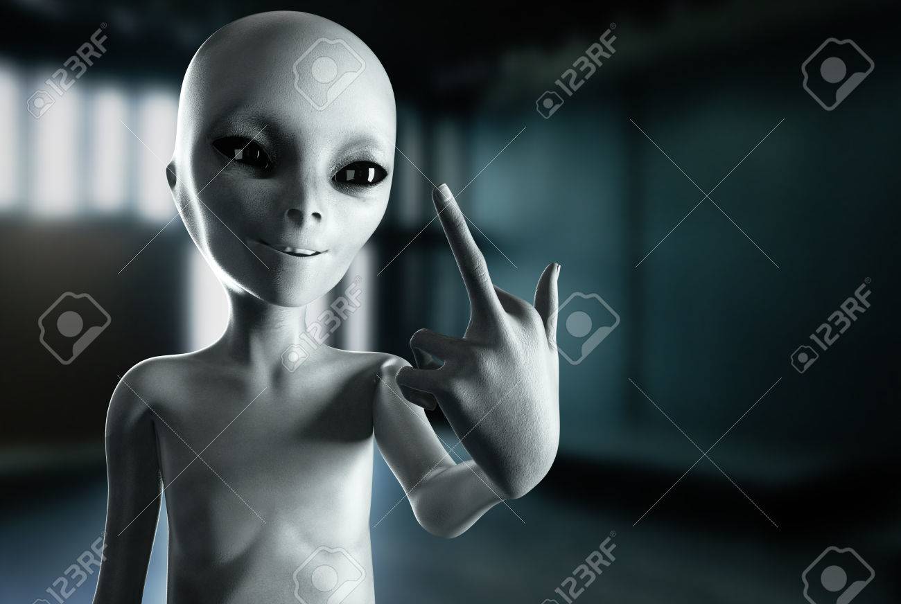 Alien Show Middle Finger, Fuck You. Smile. 3d Rendering.の写真素材