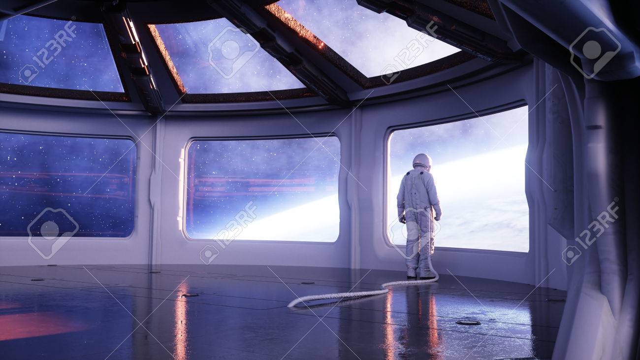 Alone Astronaut In Futuristic Interior Sci Fi Room View Of The
