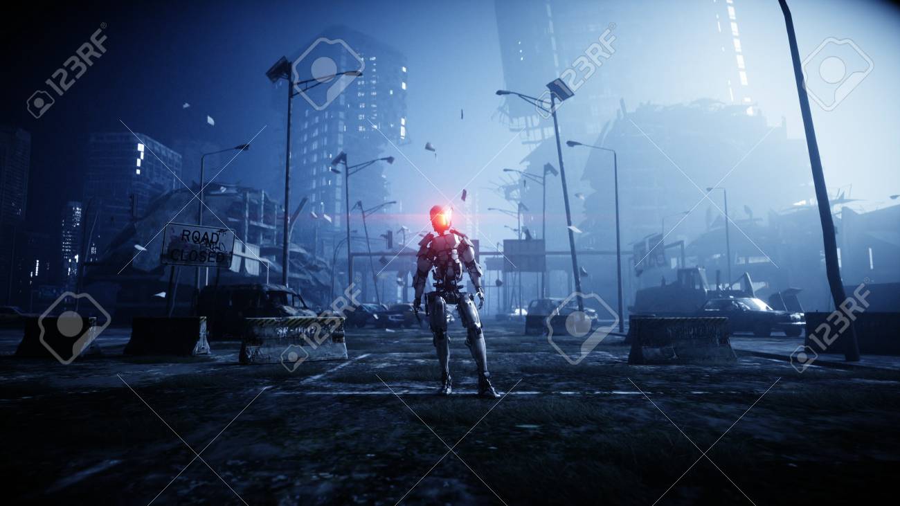 Military robot in destroyed city. Future apocalypse concept. 3d rendering. - 110280715 Military robot in destroyed city. Future apocalypse concept. 3d rendering. - 110280715