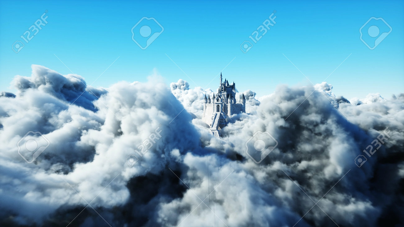 Fairytale palace in clouds. Aerial view. Overclouds. 3d rendering - 162391658 Fairytale palace in clouds. Aerial view. Overclouds. 3d rendering - 162391658
