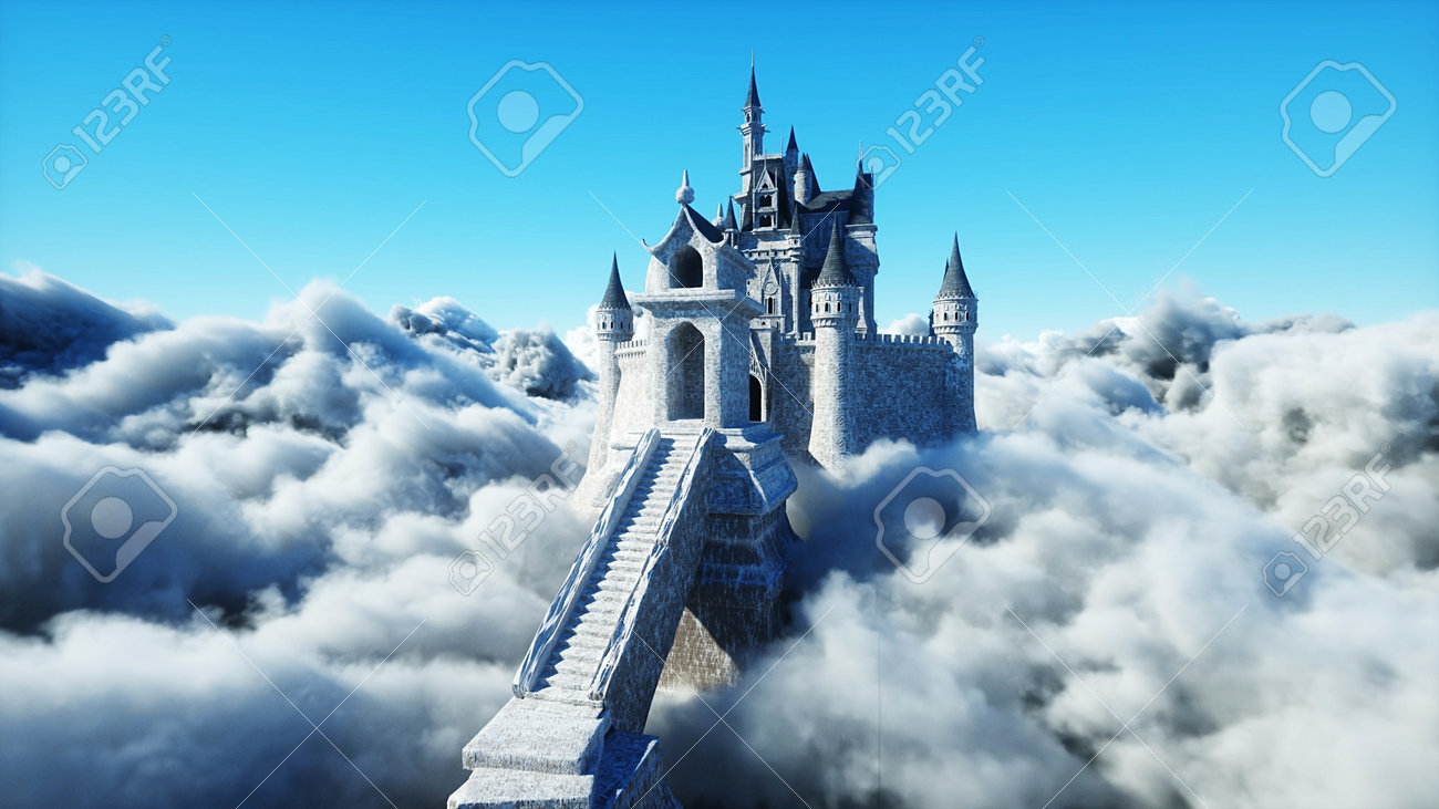 Fairytale palace in clouds. Aerial view. Overclouds. 3d rendering - 162391669 Fairytale palace in clouds. Aerial view. Overclouds. 3d rendering - 162391669