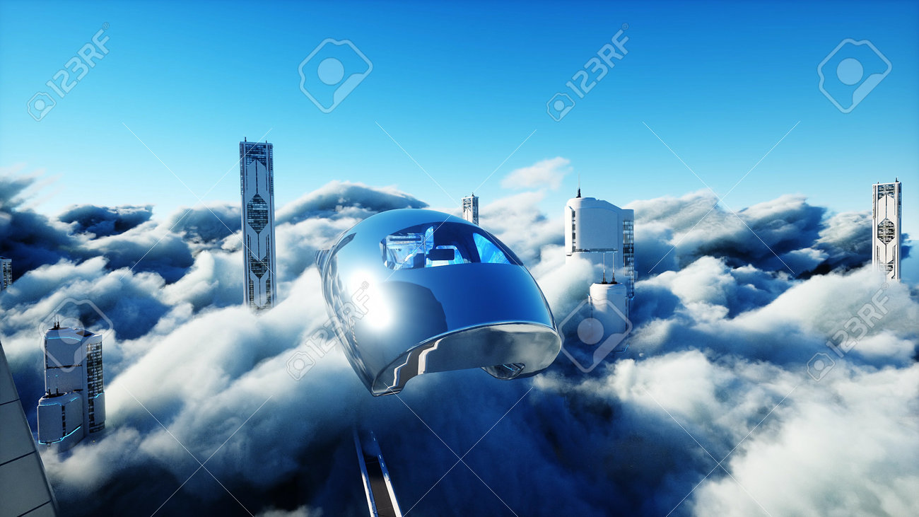 Flying passenger train. Futuristic sci fi city in clouds. Utopia. concept of the future. Aerial fantastic view. 3d rendering. - 162391678 Flying passenger train. Futuristic sci fi city in clouds. Utopia. concept of the future. Aerial fantastic view. 3d rendering. - 162391678