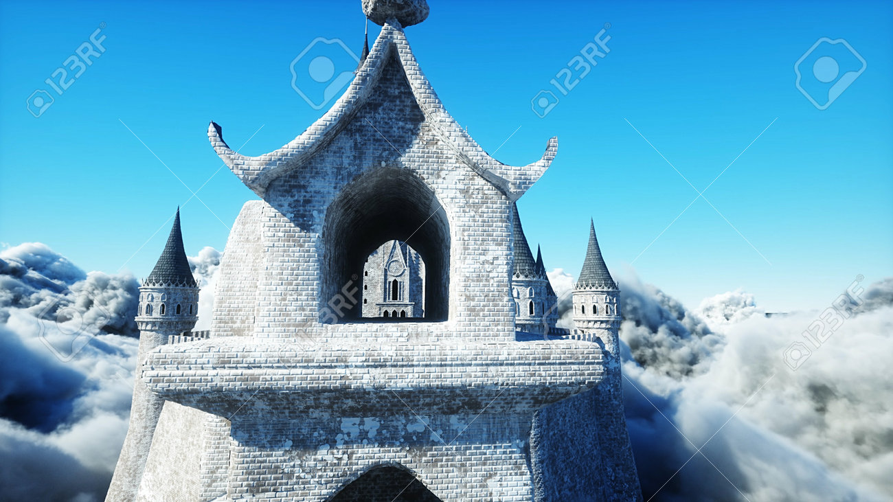 Fairytale palace in clouds. Aerial view. Overclouds. 3d rendering - 162391681 Fairytale palace in clouds. Aerial view. Overclouds. 3d rendering - 162391681