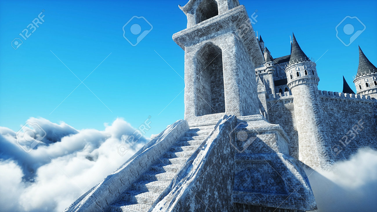 Fairytale palace in clouds. Aerial view. Overclouds. 3d rendering - 162391685 Fairytale palace in clouds. Aerial view. Overclouds. 3d rendering - 162391685