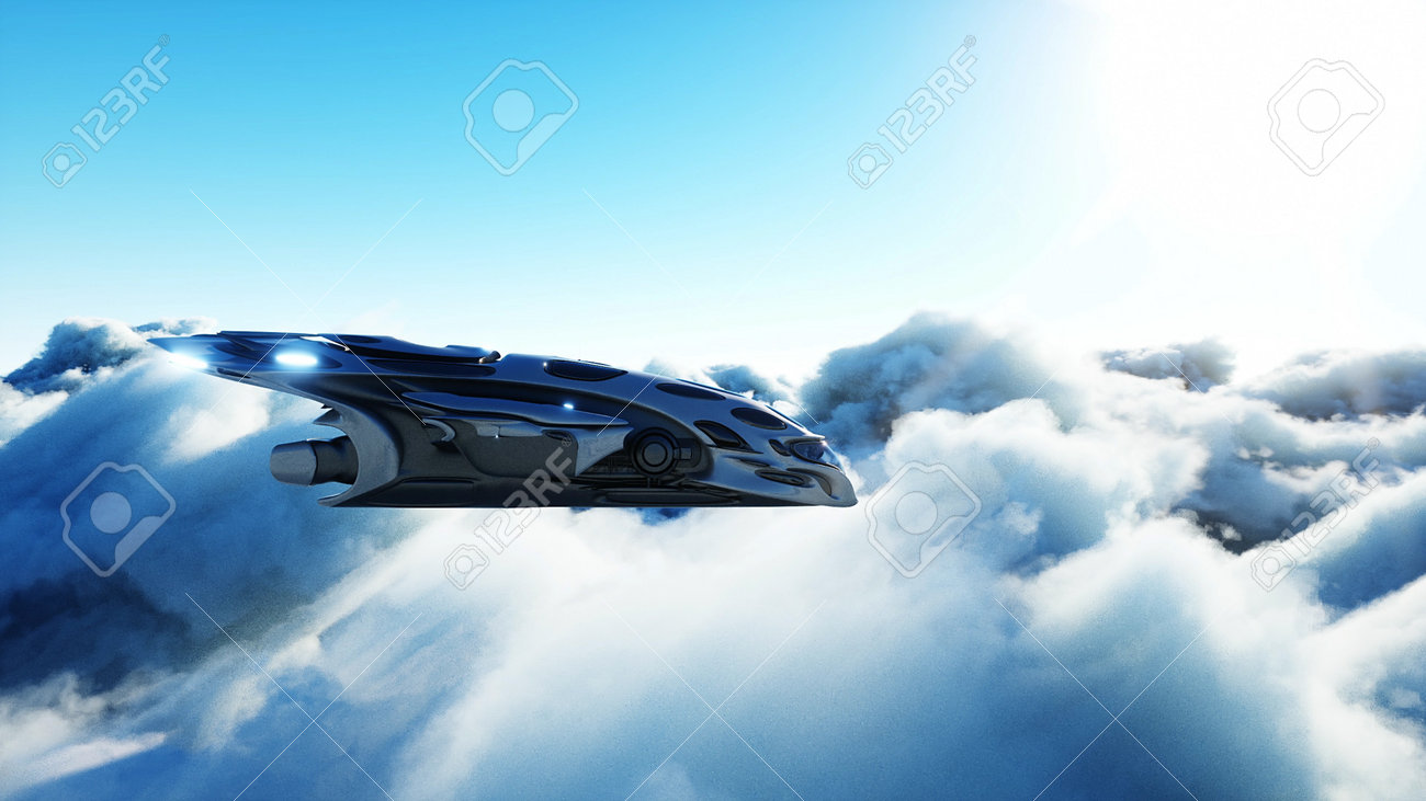 Futuristic sci fi ship flying in the clouds. 3d rendering. - 162391697 Futuristic sci fi ship flying in the clouds. 3d rendering. - 162391697