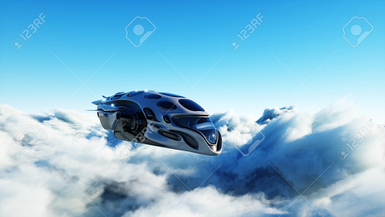 Futuristic sci fi ship flying in the clouds. 3d rendering. - 162391703 Futuristic sci fi ship flying in the clouds. 3d rendering. - 162391703