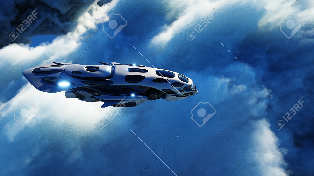 Futuristic sci fi ship flying in the clouds. 3d rendering. - 162391705 Futuristic sci fi ship flying in the clouds. 3d rendering. - 162391705