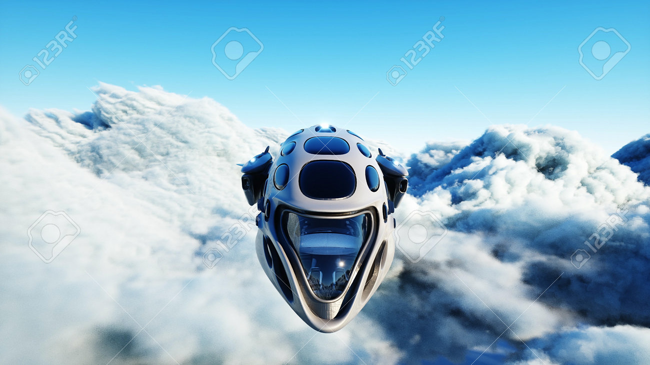 Futuristic sci fi ship flying in the clouds. 3d rendering. - 162391706 Futuristic sci fi ship flying in the clouds. 3d rendering. - 162391706