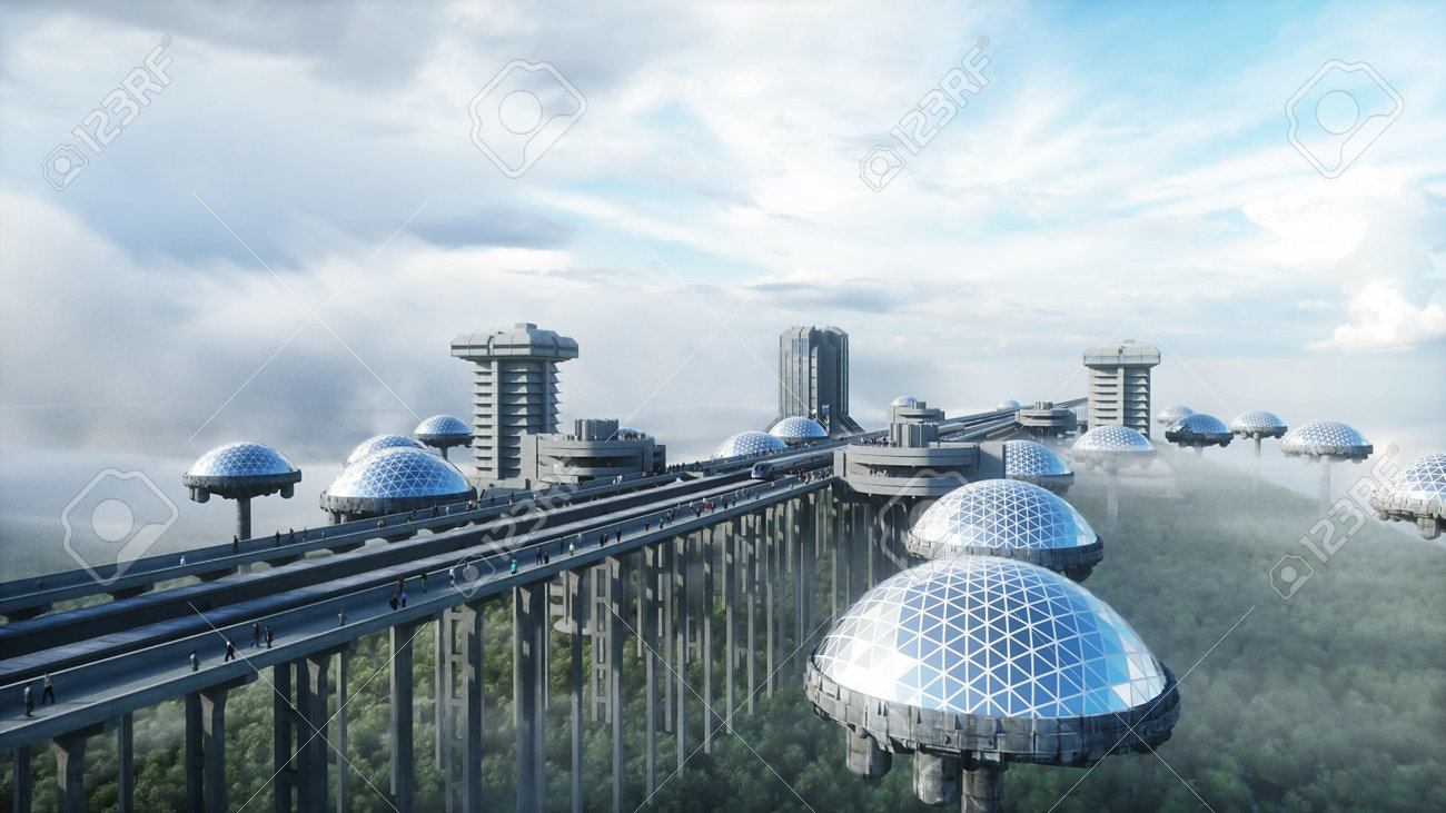 futuristic train station with monorail and train. traffic of people, crowd. Concrete architecture. Future concept. 3d rendering. - 162356008 futuristic train station with monorail and train. traffic of people, crowd. Concrete architecture. Future concept. 3d rendering. - 162356008