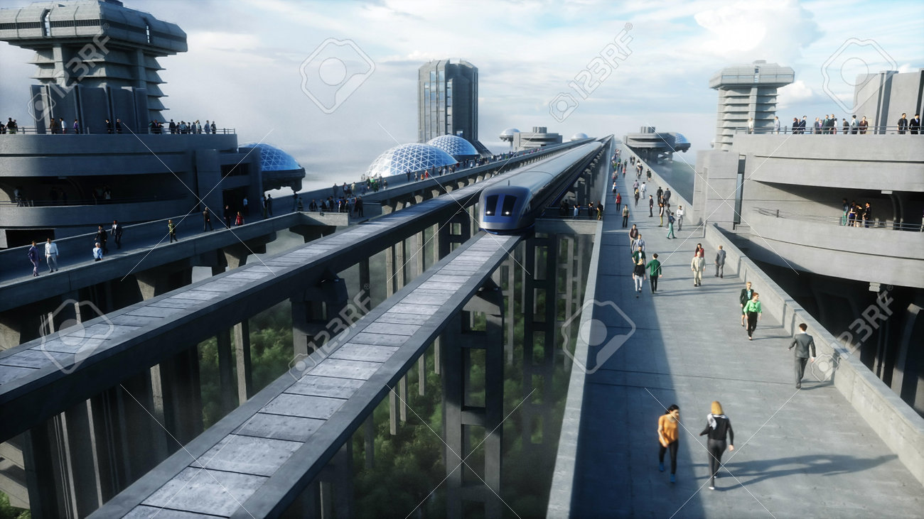 futuristic train station with monorail and train. traffic of people, crowd. Concrete architecture. Future concept. 3d rendering. - 162356127 futuristic train station with monorail and train. traffic of people, crowd. Concrete architecture. Future concept. 3d rendering. - 162356127