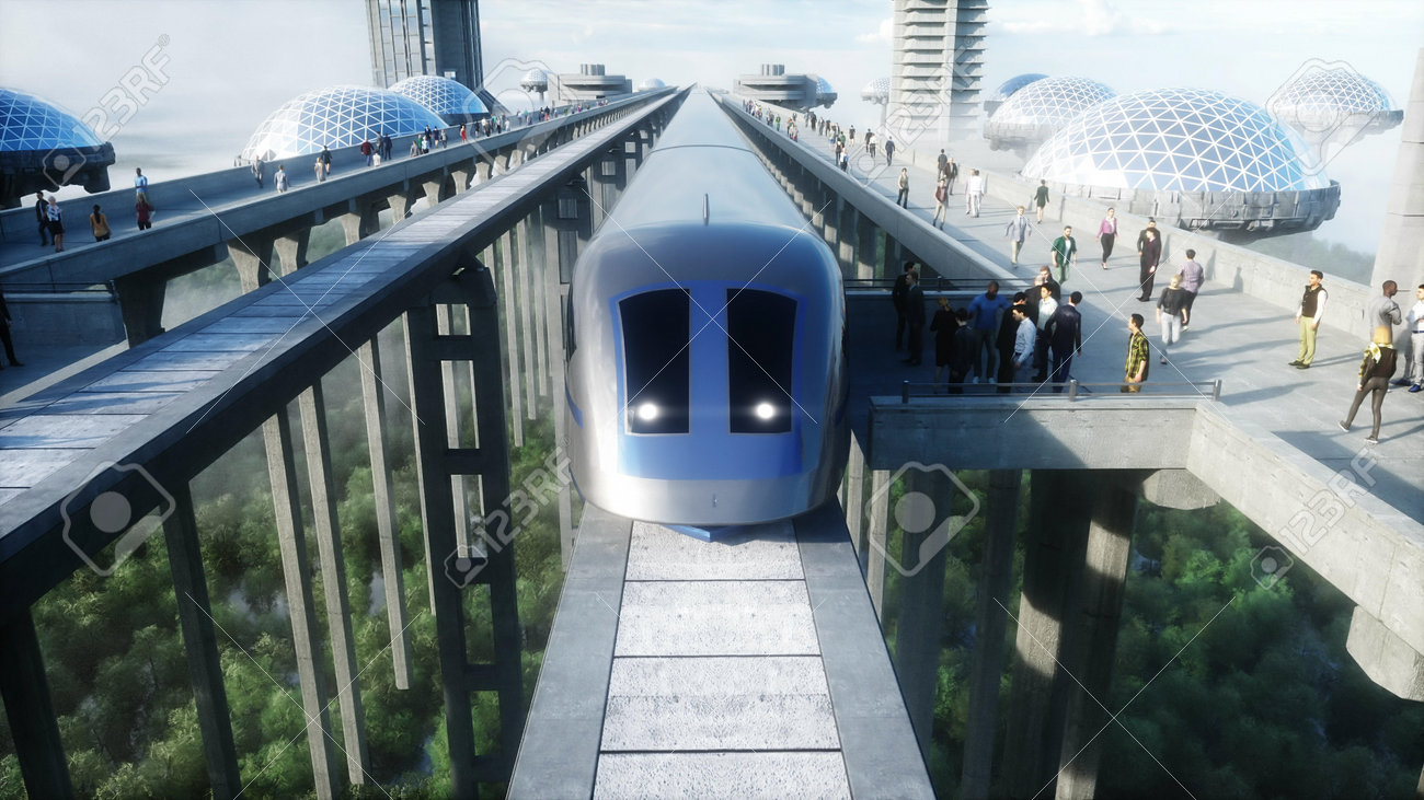 futuristic train station with monorail and train. traffic of people, crowd. Concrete architecture. Future concept. 3d rendering. - 162356125 futuristic train station with monorail and train. traffic of people, crowd. Concrete architecture. Future concept. 3d rendering. - 162356125