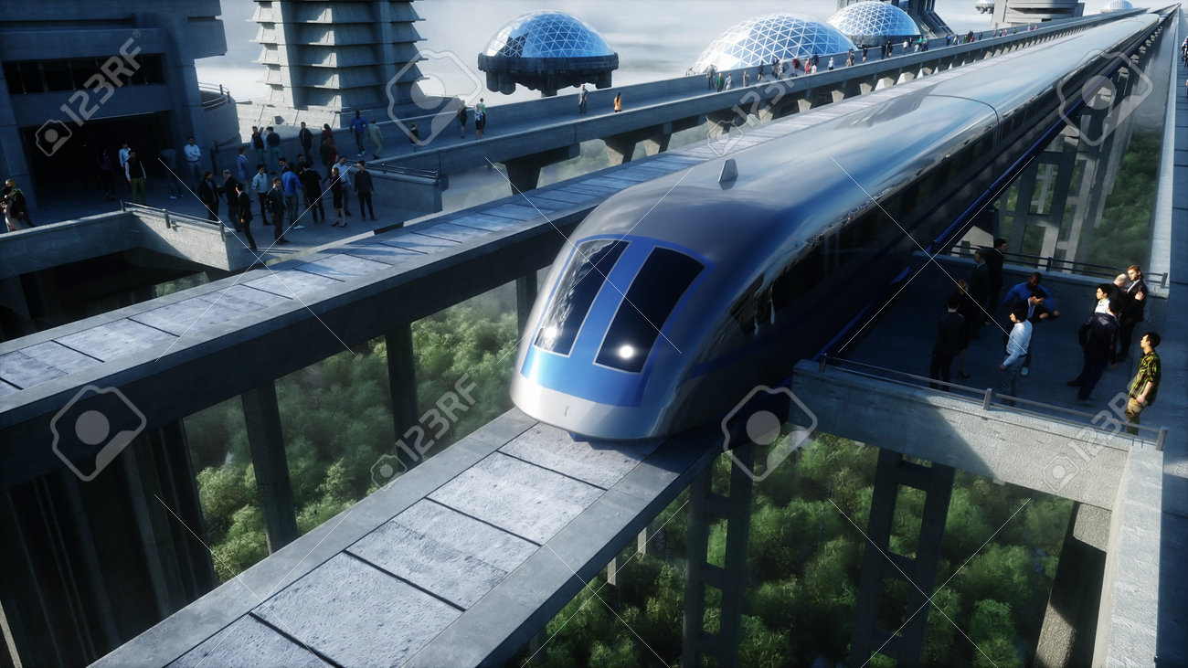 futuristic train station with monorail and train. traffic of people, crowd. Concrete architecture. Future concept. 3d rendering. - 162356131 futuristic train station with monorail and train. traffic of people, crowd. Concrete architecture. Future concept. 3d rendering. - 162356131
