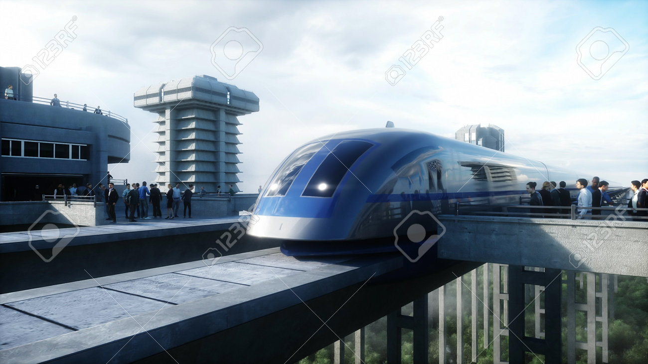 futuristic train station with monorail and train. traffic of people, crowd. Concrete architecture. Future concept. 3d rendering. - 162356130 futuristic train station with monorail and train. traffic of people, crowd. Concrete architecture. Future concept. 3d rendering. - 162356130