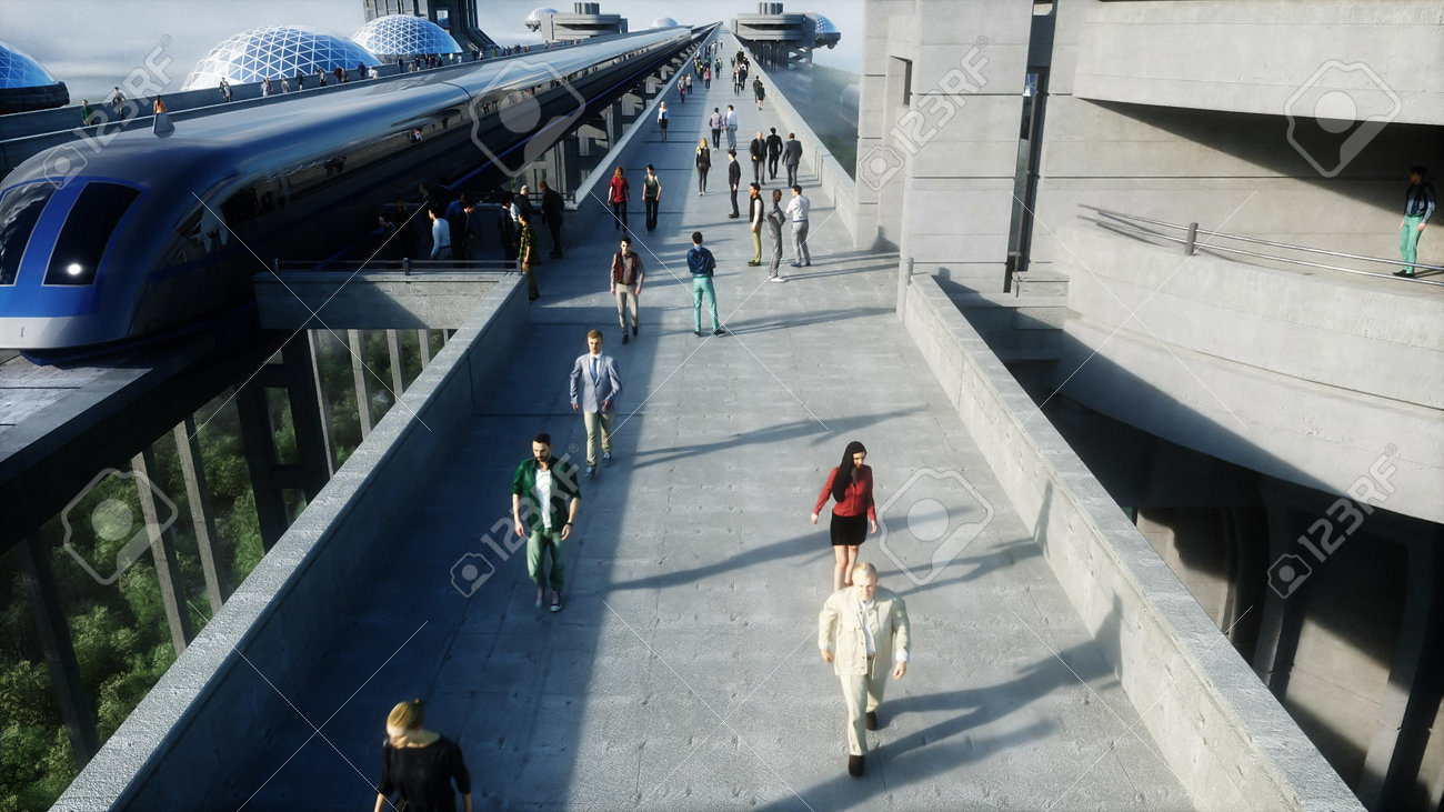 futuristic train station with monorail and train. traffic of people, crowd. Concrete architecture. Future concept. 3d rendering. - 162356133 futuristic train station with monorail and train. traffic of people, crowd. Concrete architecture. Future concept. 3d rendering. - 162356133