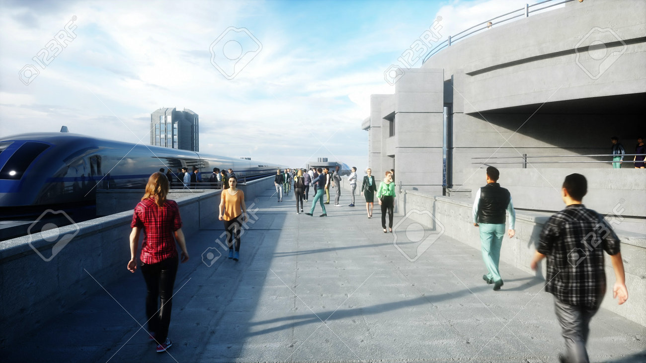 futuristic train station with monorail and train. traffic of people, crowd. Concrete architecture. Future concept. 3d rendering. - 162356129 futuristic train station with monorail and train. traffic of people, crowd. Concrete architecture. Future concept. 3d rendering. - 162356129