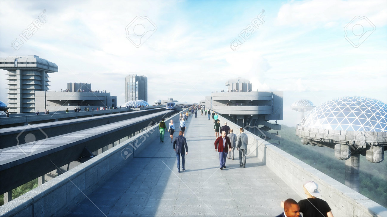 futuristic train station with monorail and train. traffic of people, crowd. Concrete architecture. Future concept. 3d rendering. - 162356132 futuristic train station with monorail and train. traffic of people, crowd. Concrete architecture. Future concept. 3d rendering. - 162356132