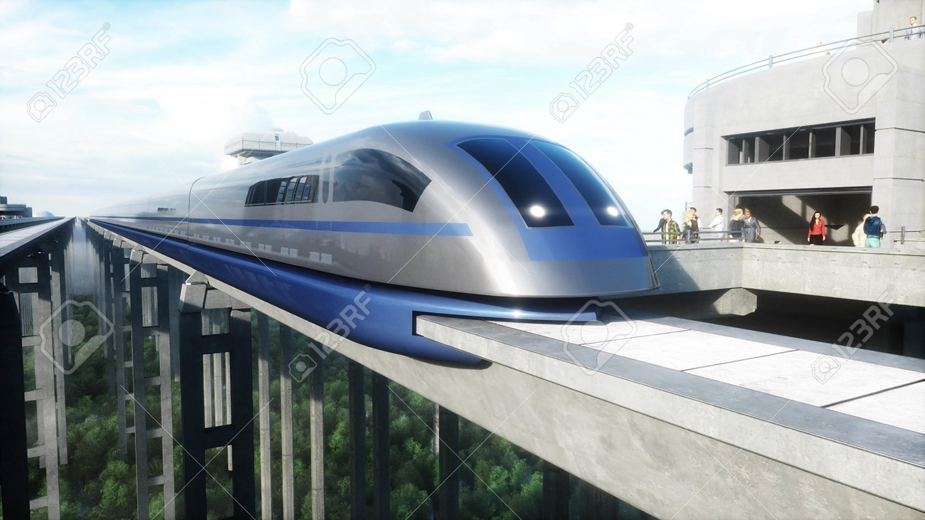 futuristic train station with monorail and train. traffic of people, crowd. Concrete architecture. Future concept. 3d rendering. - 162356137 futuristic train station with monorail and train. traffic of people, crowd. Concrete architecture. Future concept. 3d rendering. - 162356137