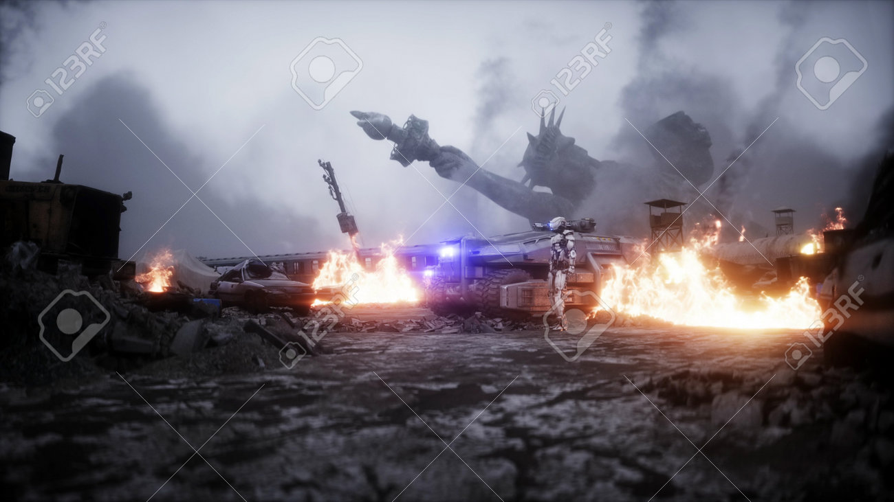 American apocalypsis. Military car in a burning ruined city. Armageddon view. 3d rendering. - 162356203 American apocalypsis. Military car in a burning ruined city. Armageddon view. 3d rendering. - 162356203