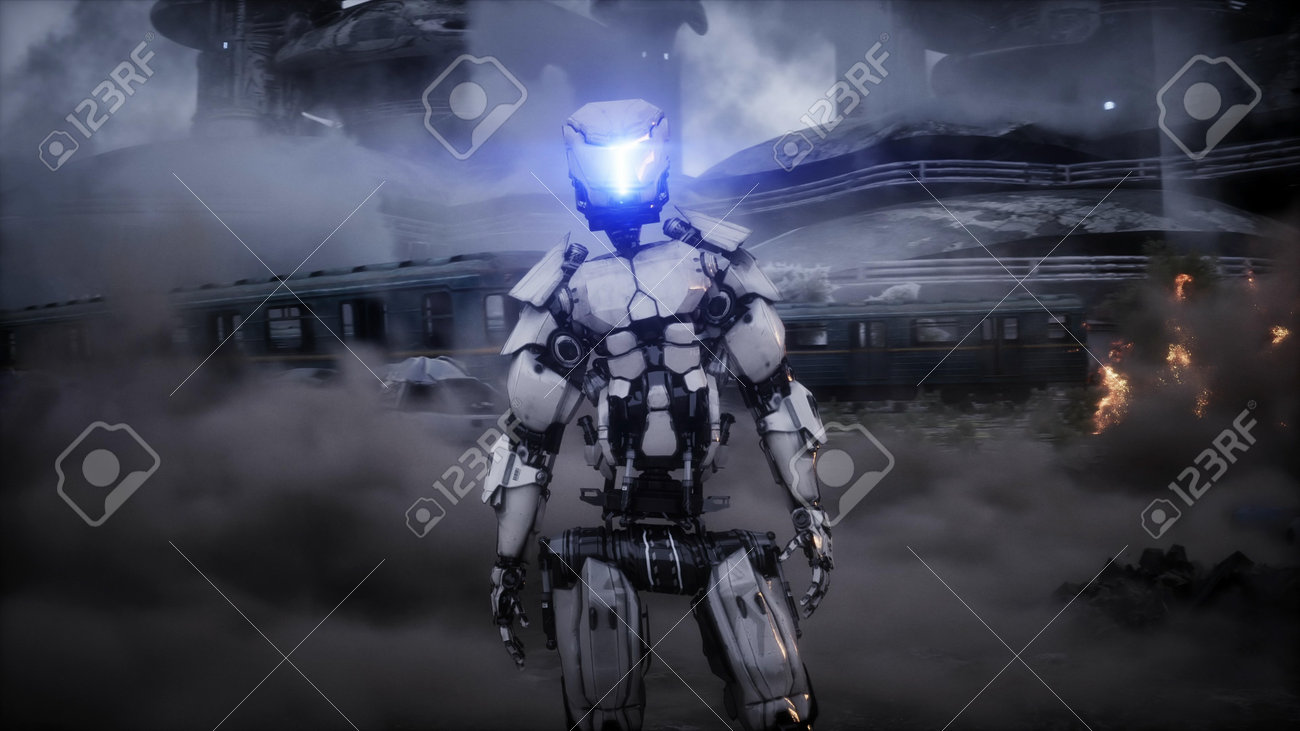 Futuristic sci fi ship take wing. Military robot. Apocalypse city. 3d rendering. - 162356204 Futuristic sci fi ship take wing. Military robot. Apocalypse city. 3d rendering. - 162356204