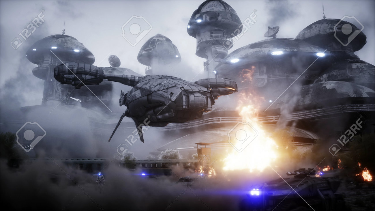 Futuristic sci fi ship take wing. Military robot. Apocalypse city. 3d rendering. - 162356205 Futuristic sci fi ship take wing. Military robot. Apocalypse city. 3d rendering. - 162356205