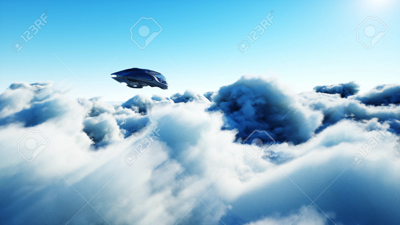 Futuristic sci fi ship flying in the clouds. 3d rendering. - 162356209 Futuristic sci fi ship flying in the clouds. 3d rendering. - 162356209