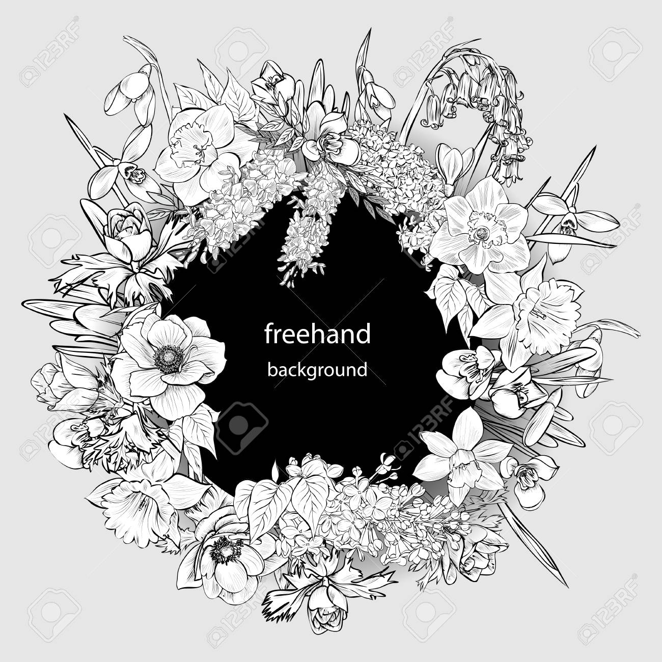 花のベクトル手描き桜草 黒と白の花輪 サークルの装飾 花とハーブのリース イラスト 春の要素 フリージア スノー ドロップ ライラック アネモネ 水仙 のイラスト素材 ベクタ Image