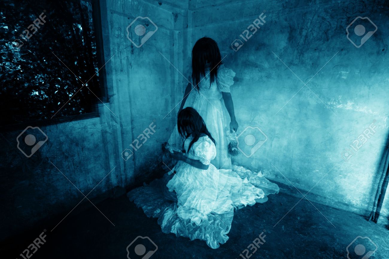 Me and My Sister,Ghost in Haunted House,Mysterious Twins Woman in White Dress Standing and Sitting in Abandon Building,Horror Background For Halloween Concept and Book Cover Ideas - 49544003 Me and My Sister,Ghost in Haunted House,Mysterious Twins Woman in White Dress Standing and Sitting in Abandon Building,Horror Background For Halloween Concept and Book Cover Ideas - 49544003