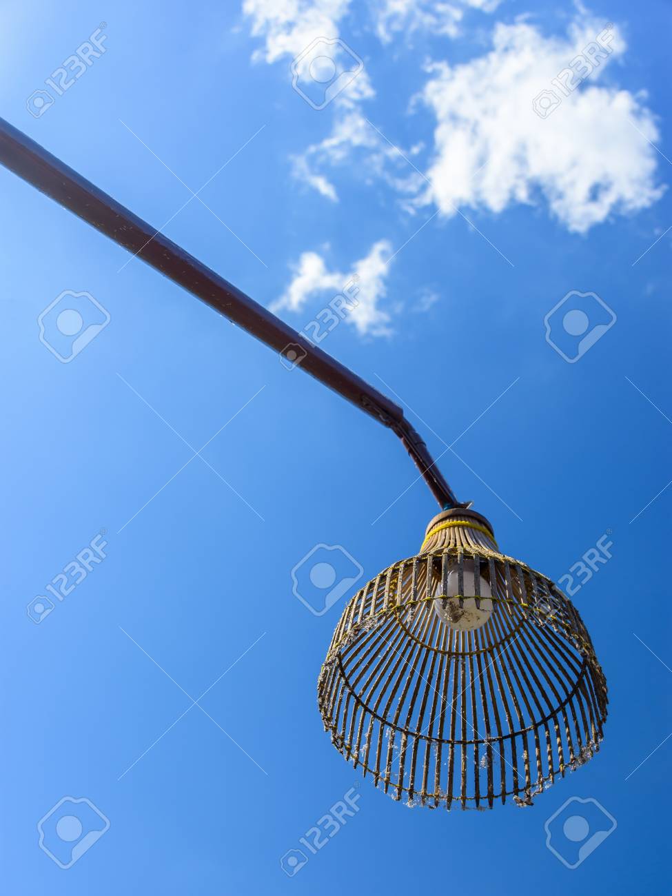 Bottom Up View Of Old Street Lamp Made From Bamboo Designed As