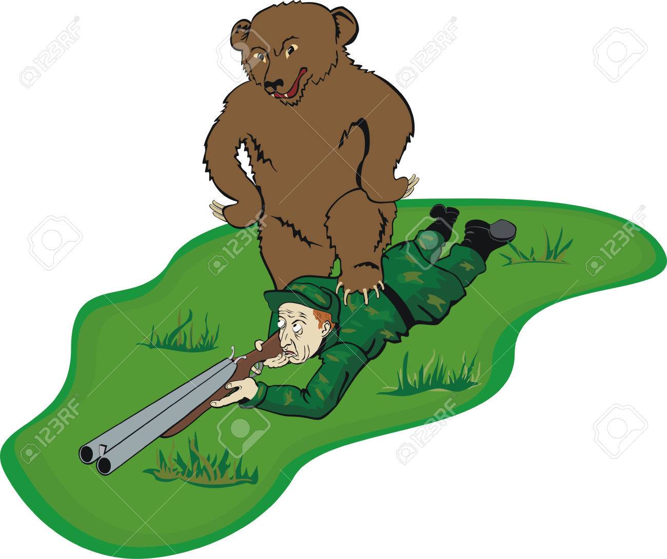 ハンターは ショットをするつもりだったが ゾッとするほど重いものは彼の背中に座り込みました 彼は何が彼の後ろに置かれていたを発見した後 本当のショックを感じられるでしょう のイラスト素材 ベクタ Image