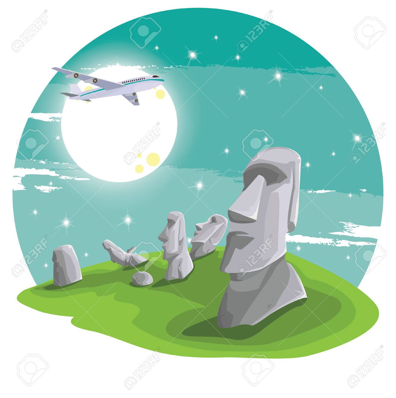 Travel And Famous Landmarks And Beautiful By Plane Moai Stone Statue Head On Easter Island On Symbol Republic Of Chile Moai Statue Flat Design Landmark Illustration Vector Cartoon Royalty Free Cliparts Vectors