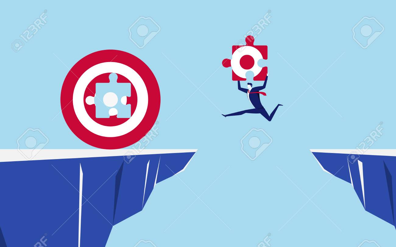 ビジネスマンは 大きな目標と成功を埋めるために丘の間のギャップの障害物を飛び越えるターゲットの一部を保持しています 走って崖を飛び越える ビジネス リスクと成功の概念 漫画ベクトルイラスト のイラスト素材 ベクタ Image