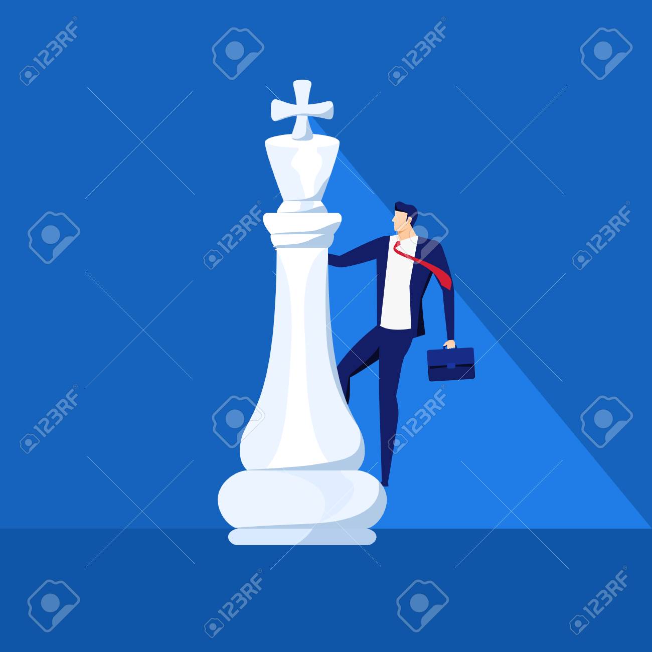 Carrinho Do Homem De Negócios Na Parte De Xadrez Do Rei. Conceito De Estratégia De Negócio Bem Sucedido. Luta De Negócios, Estratégia, Concorrência, Liderança, Conceito. Ilustração Em Vetor Dos Desenhos Animados. Ilustraciones