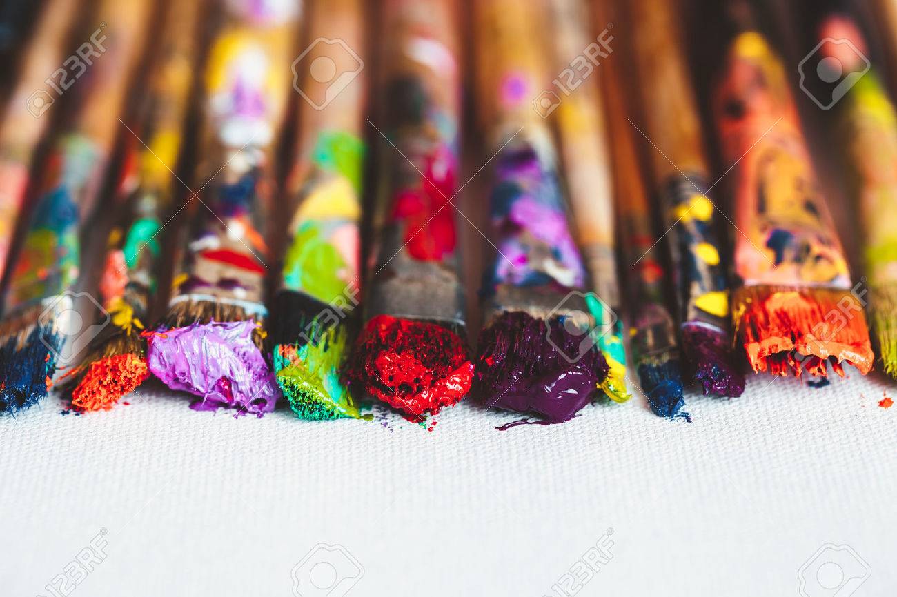 Artist paintbrushes closeup on artistic canvas. Selective focus. - 54790271 Artist paintbrushes closeup on artistic canvas. Selective focus. - 54790271