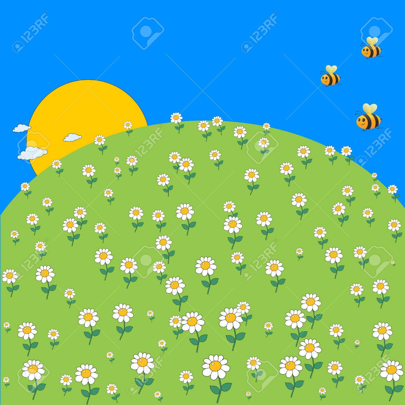 Printemps De Dessin Animé Mignon Avec Des Fleurs De Marguerite Et Une Abeille Volante Concept De Printemps Ou Dété