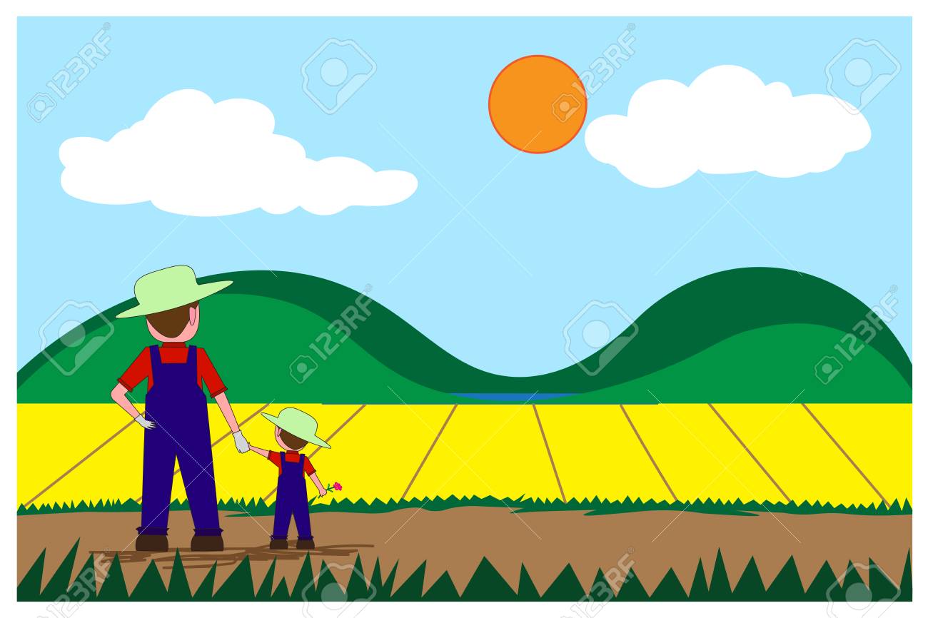 農家と 手を握って少年スタンド成長の庭の植物を見てください フラット漫画広角ビューのビジネス育成のためのコンセプト開発の背景します ベクトル イラスト Eps 10のイラスト素材 ベクタ Image