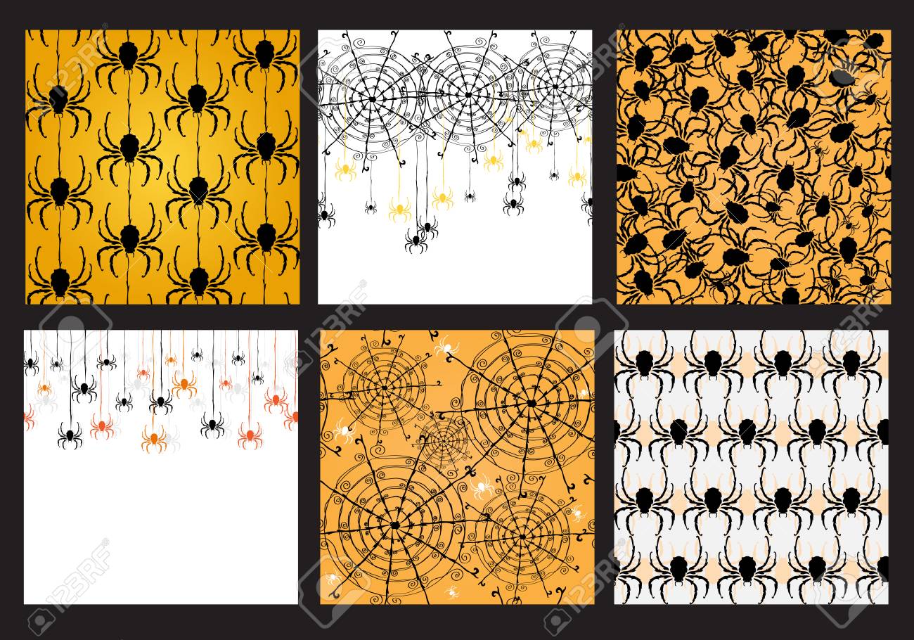 Set Of 6 Seamless Patterns With Decorative Spiders And Webs Set Of 6 Seamless Patterns With Decorative Spiders And Webs