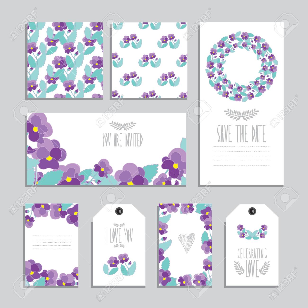 elegant cards and gift tags with pansy floral bouquets design