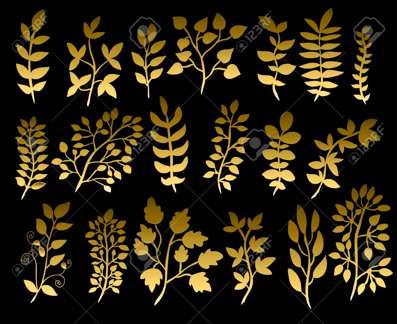 Goldene Florale Elemente Festgelegt Zweige Mit Blattern Kann Fur Einladungen Gruss Hochzeits Jubilaumskarten Briefpapier Verwendet Werden Lizenzfrei Nutzbare Vektorgrafiken Clip Arts Illustrationen Image 65626499