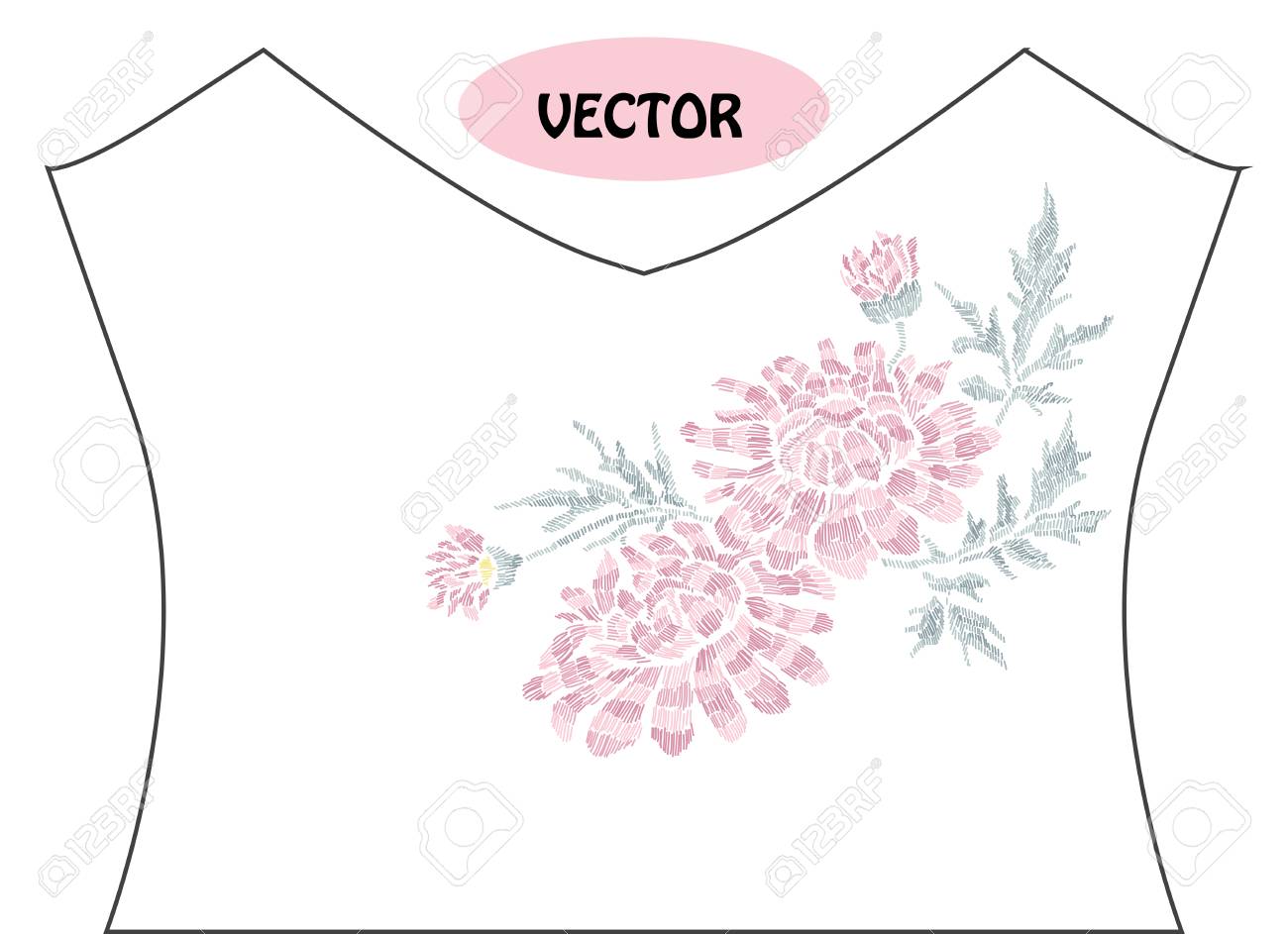 T シャツやドレスのネックラインの刺繍スタイルで装飾的な菊の花。編集可能な色。ファッション装飾品、生地、製造に使用できます。刺繍装飾花
