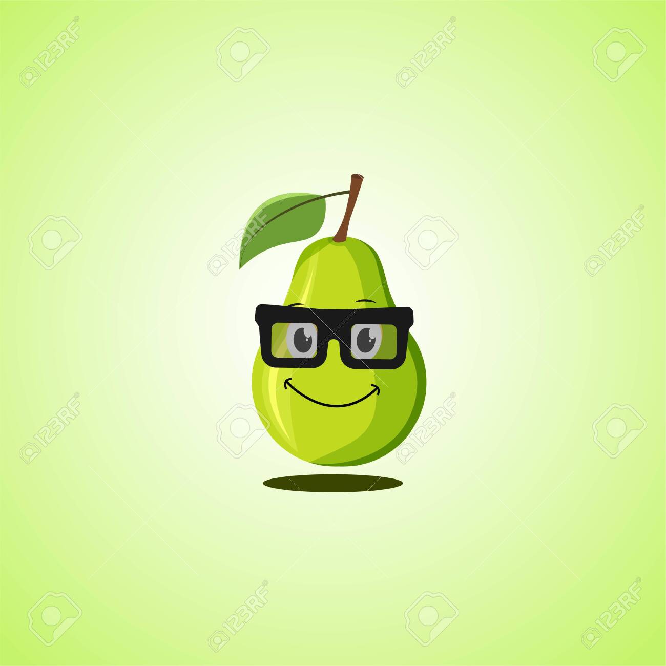 Yellow simple smile cartoon pear symbol in glasses. Cute smiling pear icon isolated on green background. Vector illustration EPS 10 - 146542049 Yellow simple smile cartoon pear symbol in glasses. Cute smiling pear icon isolated on green background. Vector illustration EPS 10 - 146542049