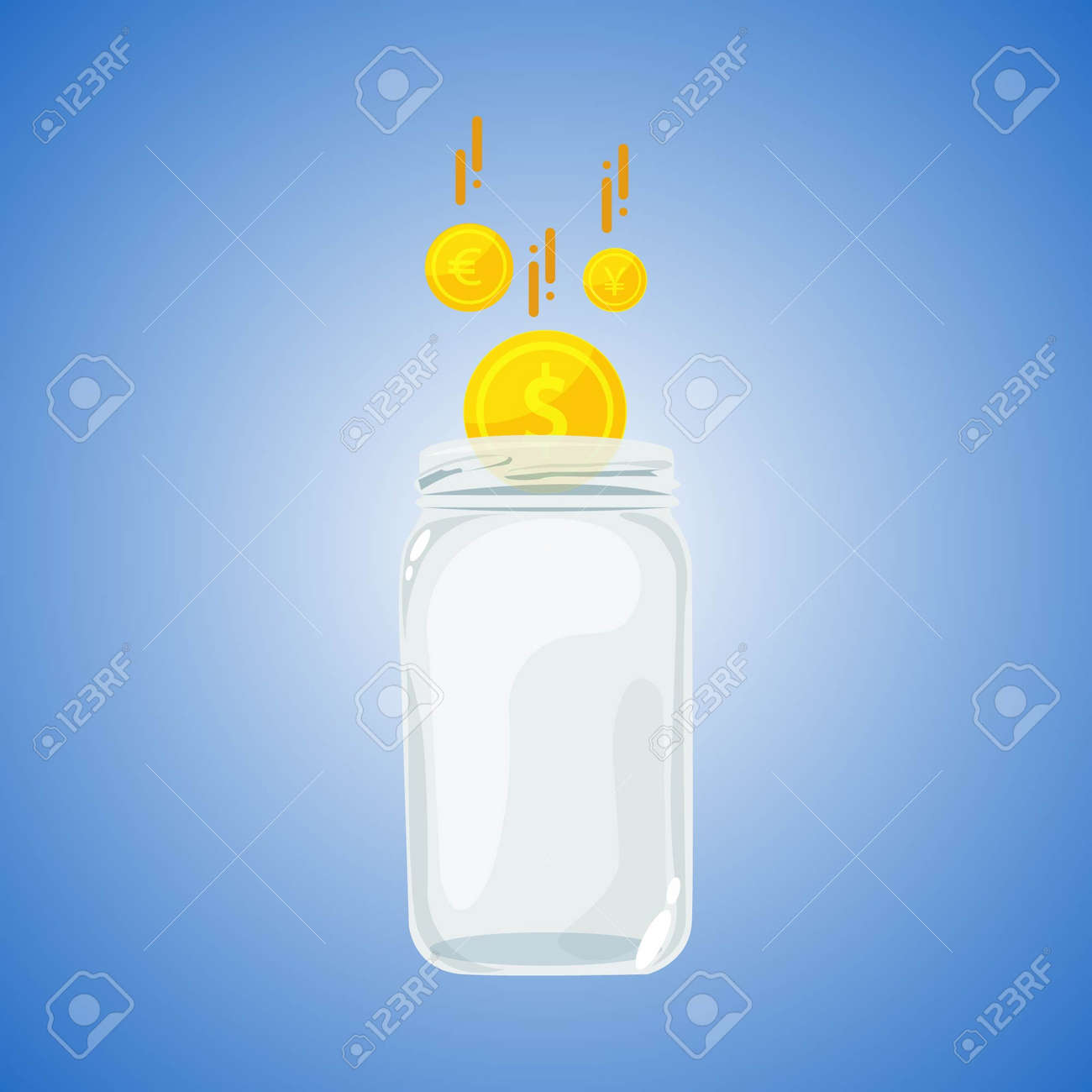 Realistic glass piggy bank isolated on blue background. Piggy bank and dollar, euro and yen coins icon. - 164571578 Realistic glass piggy bank isolated on blue background. Piggy bank and dollar, euro and yen coins icon. - 164571578