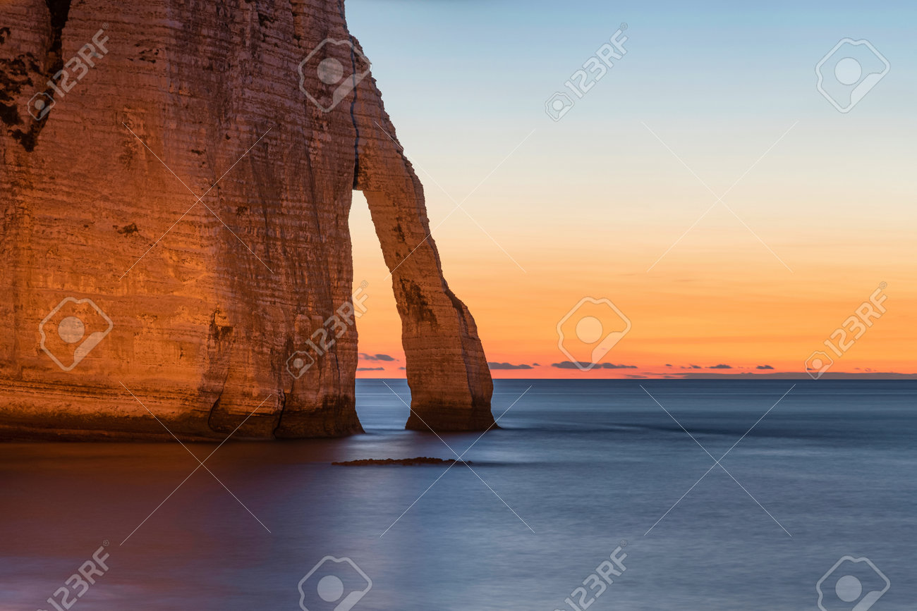 Breathtaking Pink Sunset At The Cliffs Of Etretat, Falaise D'Aval