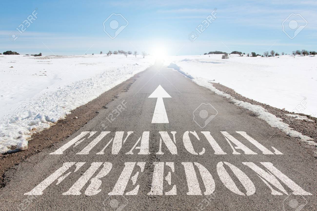 business concept of road to financial freedom words on the road