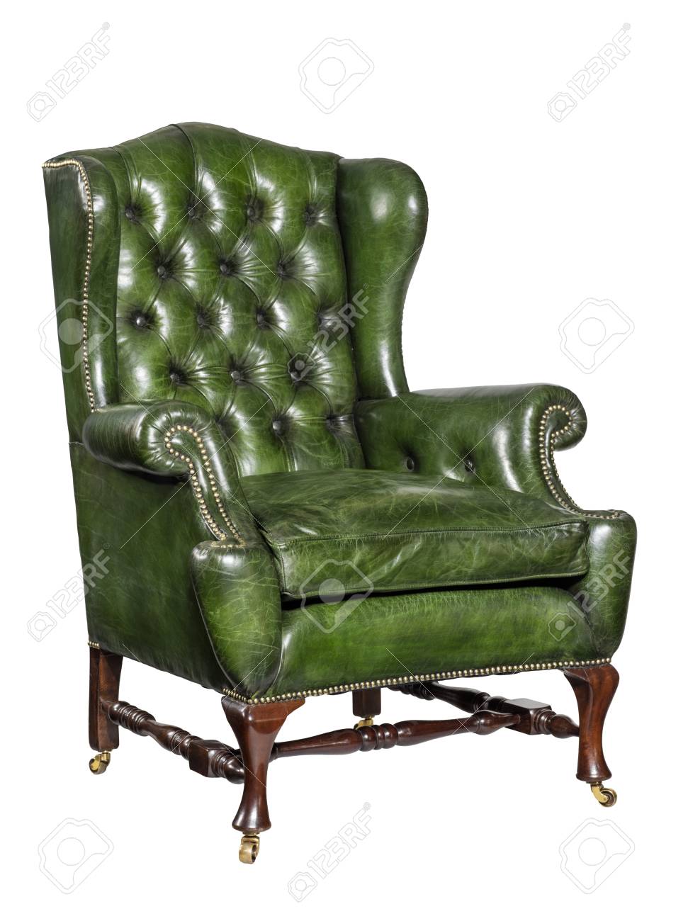 Old Comfortable Antique Green Leather 