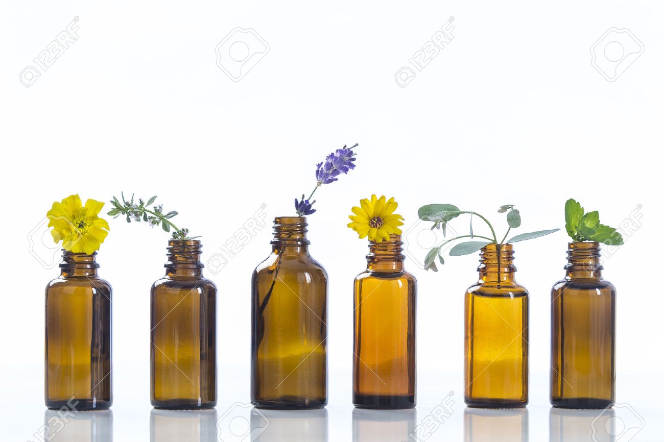essential oils and medical flowers herbs on white - 62013001 essential oils and medical flowers herbs on white - 62013001