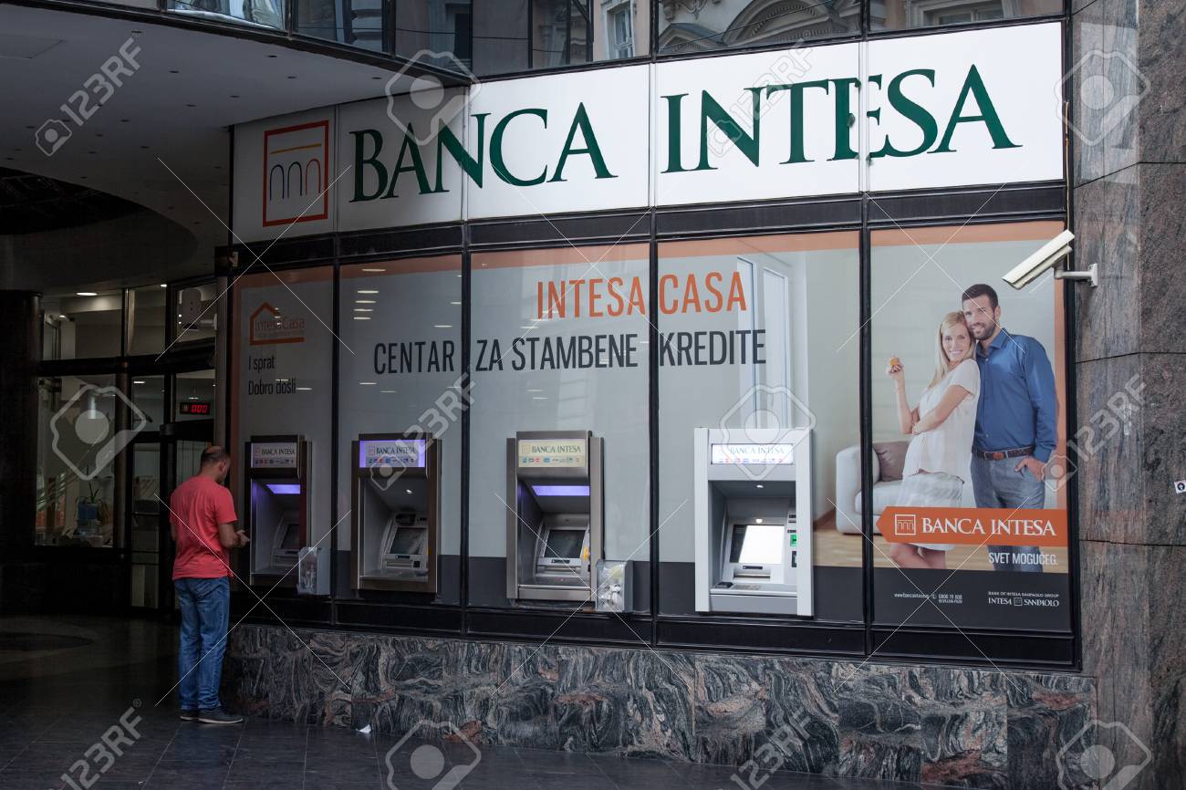 Belgrade Serbia June 2 2017 Banca Intesa Logo On Their Atm In Belgrade Intesa Sanpaolo Is One Of The Biggest Italian Market And Retail Bank Spread In Eastern Europe Stock Photo