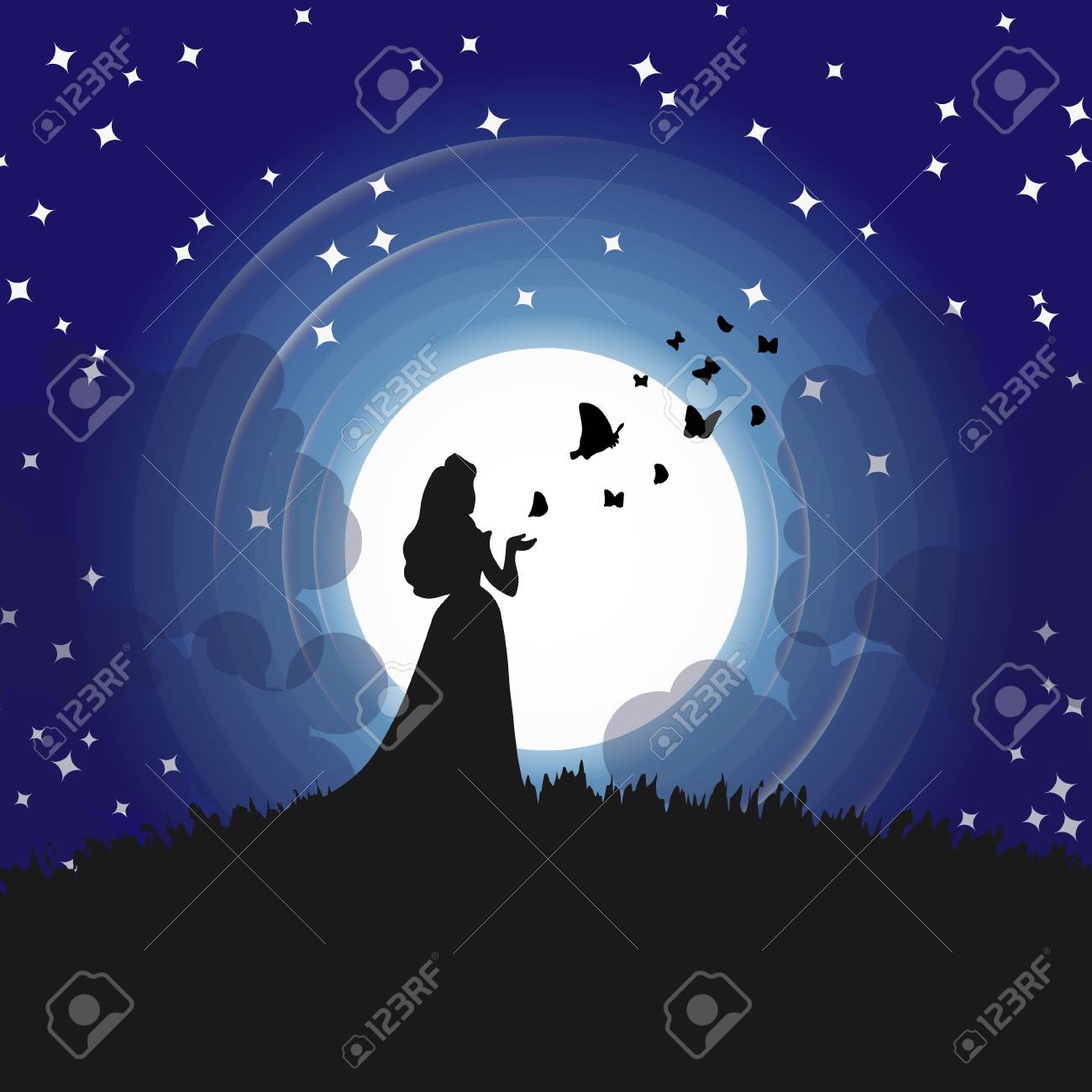 Silhouettes Of Princess And Butterflies In Full Moon Blue Night Royalty Free Cliparts Vectors And Stock Illustration Image 103078916