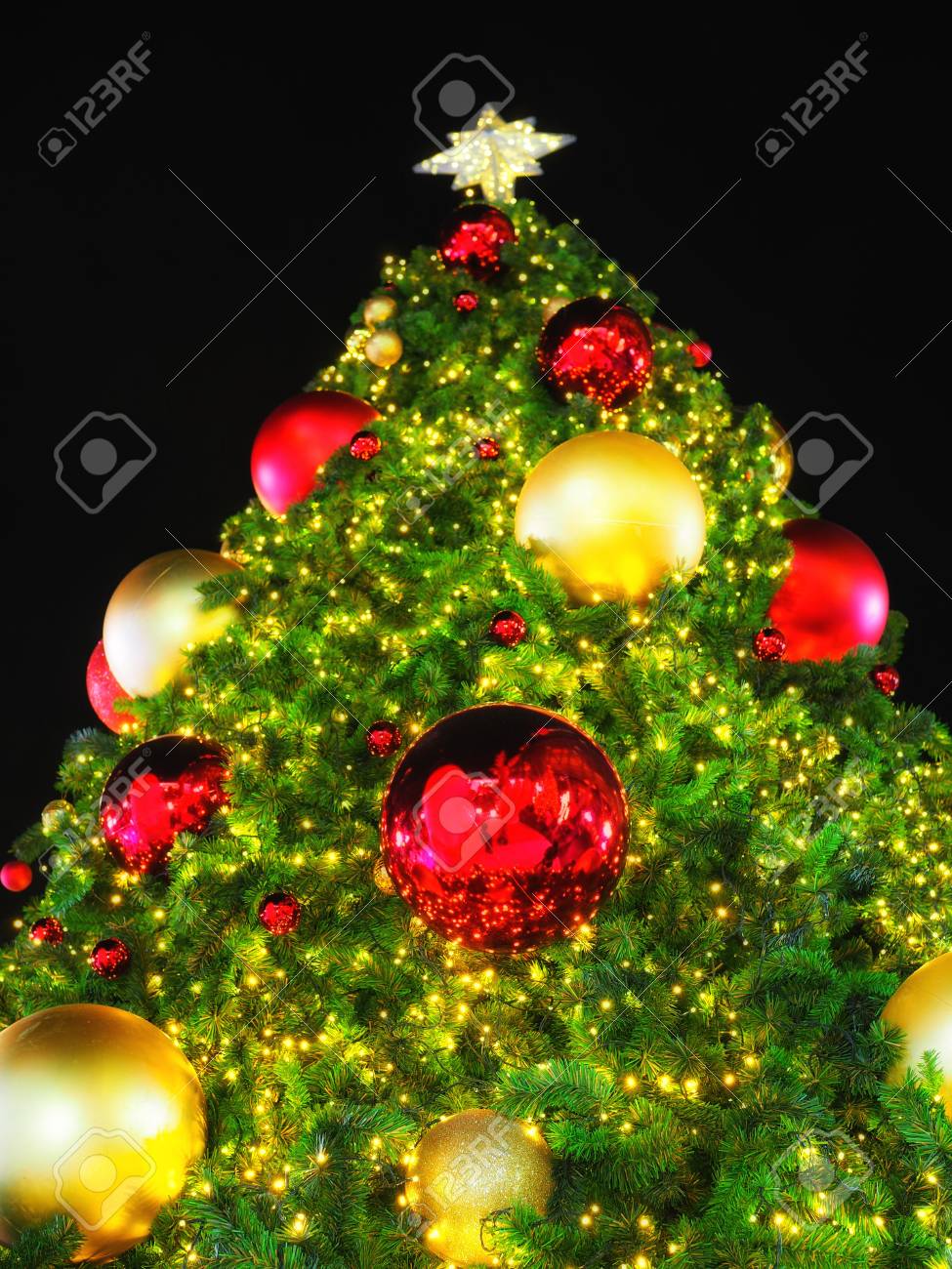 Große Weihnachtsbaumbeleuchtung Von Der Niedrigen Winkelsicht Nachts Im  Weihnachtsfestival Mit Schwarzem Hintergrund. Kann Für Hintergrund  Verwenden Oder Ihren Text Hinzufügen, Um Platz Zu Kopieren. Lizenzfreie  Fotos, Bilder Und Stock Fotografie. Image ...