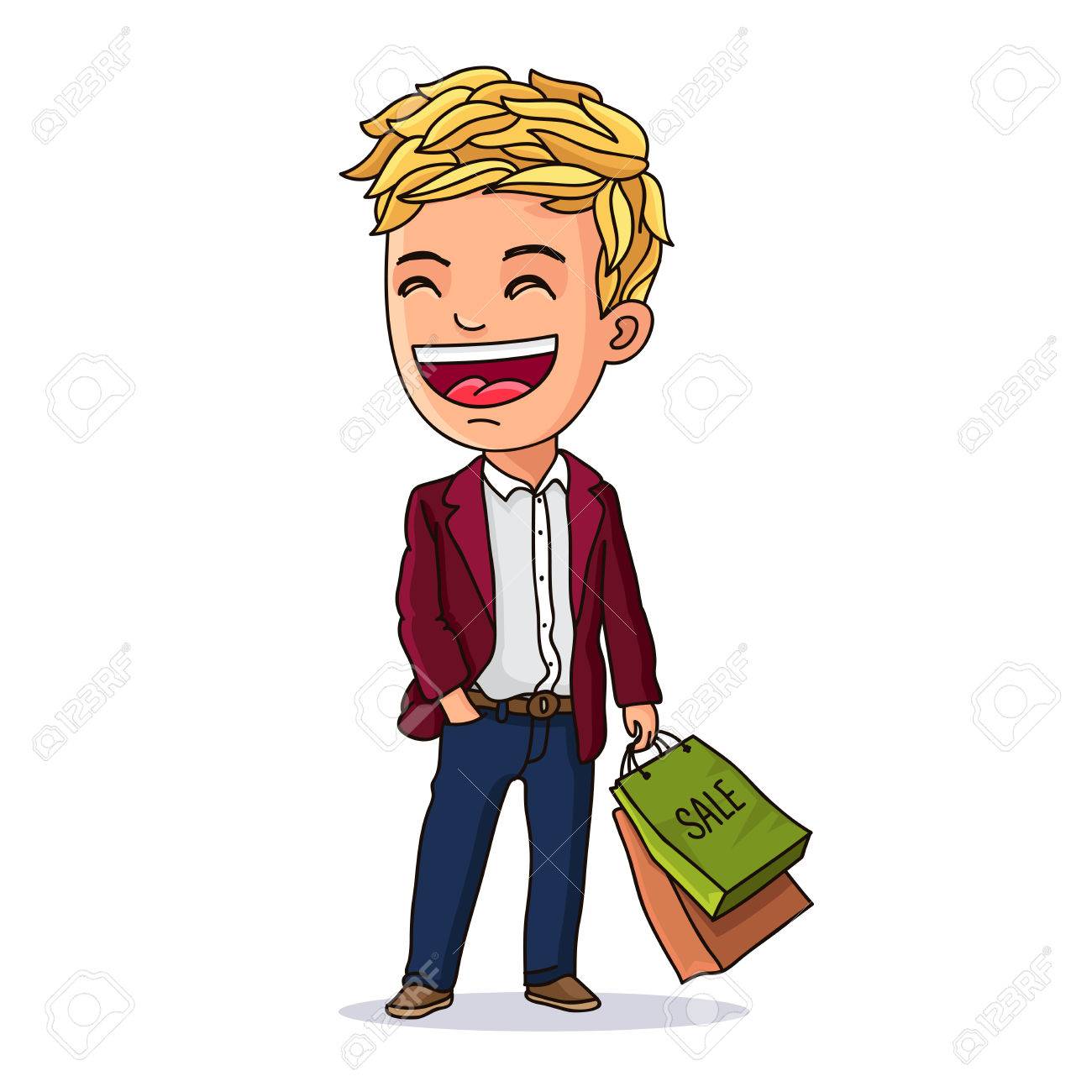 ファッショナブルな子供 買い物袋を持つ美しい少年 白の背景にベクトル イラスト のイラスト素材 ベクタ Image